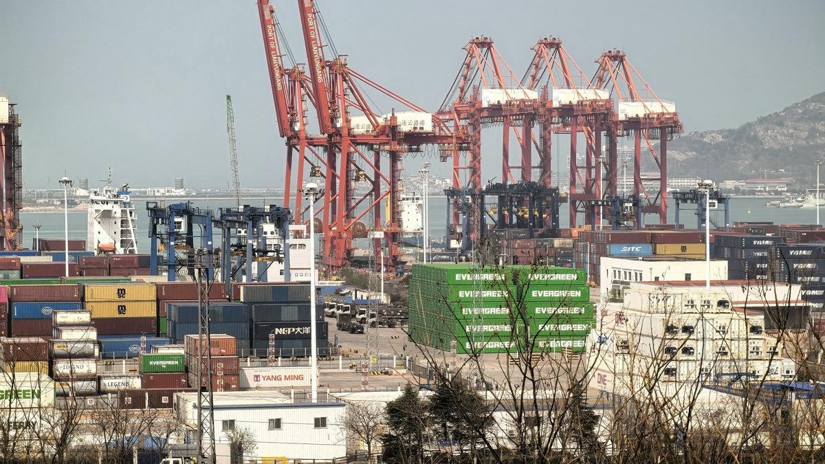 Gantry cranes over a container yard &mdash; the kind of terminal equipment Durr&euml;s uses for Albanian imports
