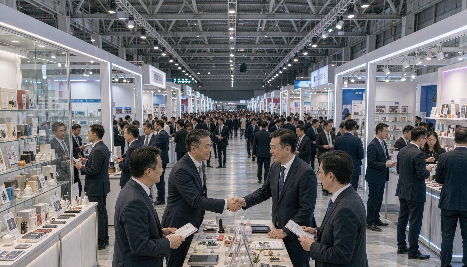 An aisle inside a Canton Fair hall, booths packed on both sides, buyers and exhibitors moving along the corridor