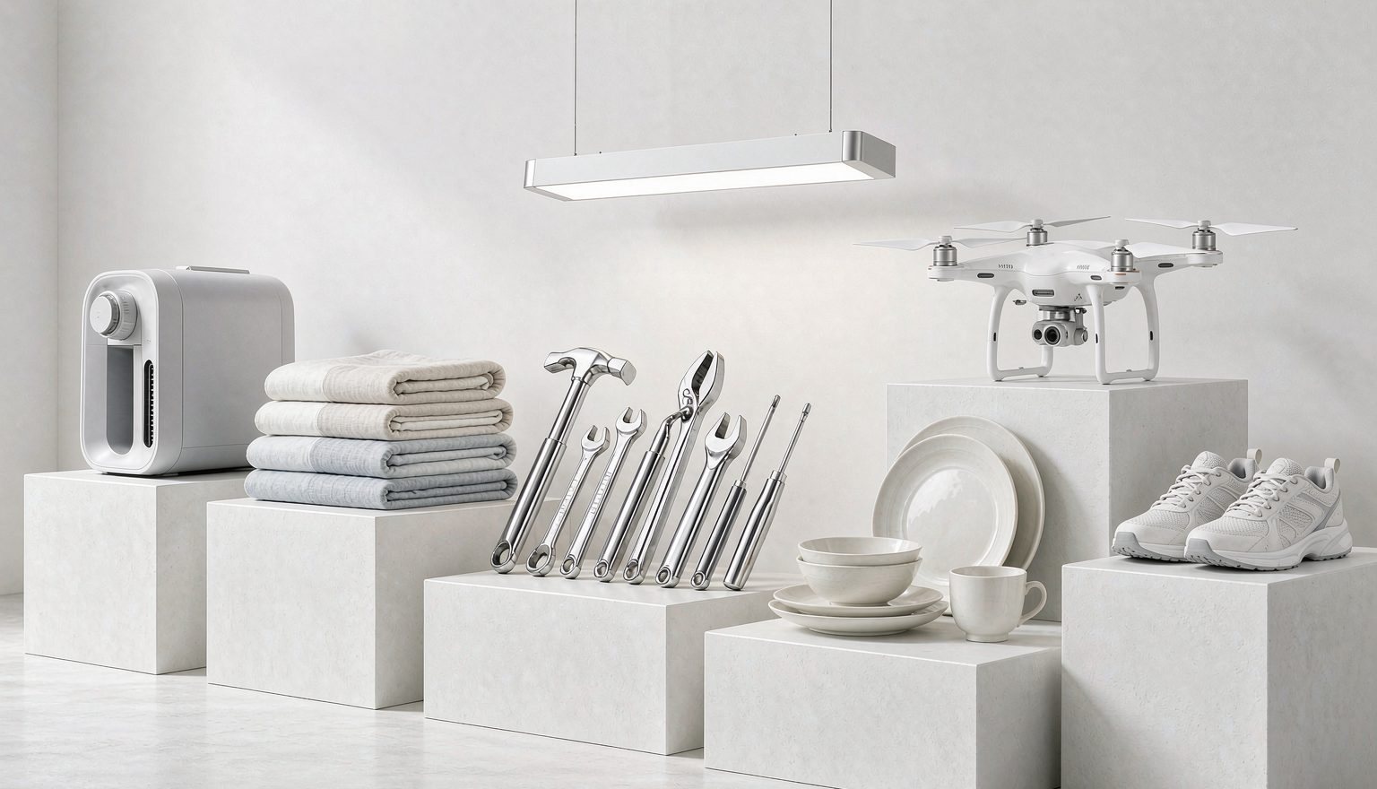 Canton Fair exhibits: home appliances, home textiles, hardware and tools, lighting, drones, ceramic tableware and footwear laid out for buyers