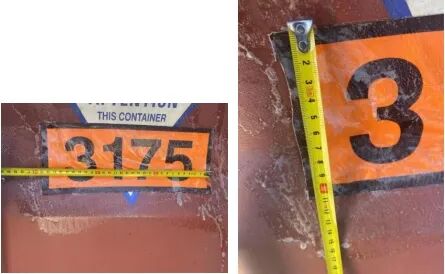 Orange UN number panel on container with undersized dimensions (too small)