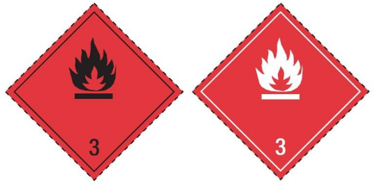DG labels and markings for Class 3 flammable liquids including UN number and hazard placard