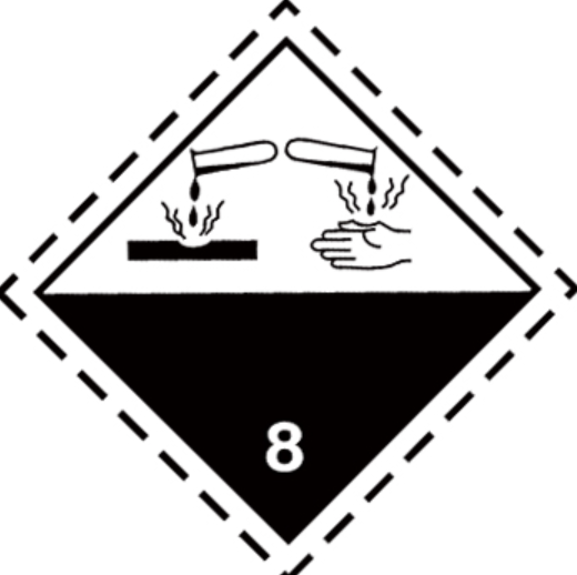 Class 8 corrosive substance hazard label and UN1760 packaging markings