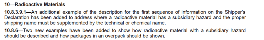 Section 10 Radioactive Material - Subsidiary risk and overpack declaration examples