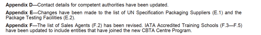 Appendices D E F - Competent Authorities, UN Packaging Suppliers, IATA Training Schools