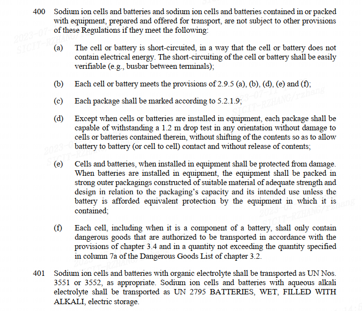 Special Provision 400 Exemption for Sodium-ion Batteries