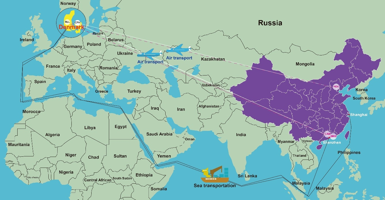 Shipping and air freight routes from China to Denmark