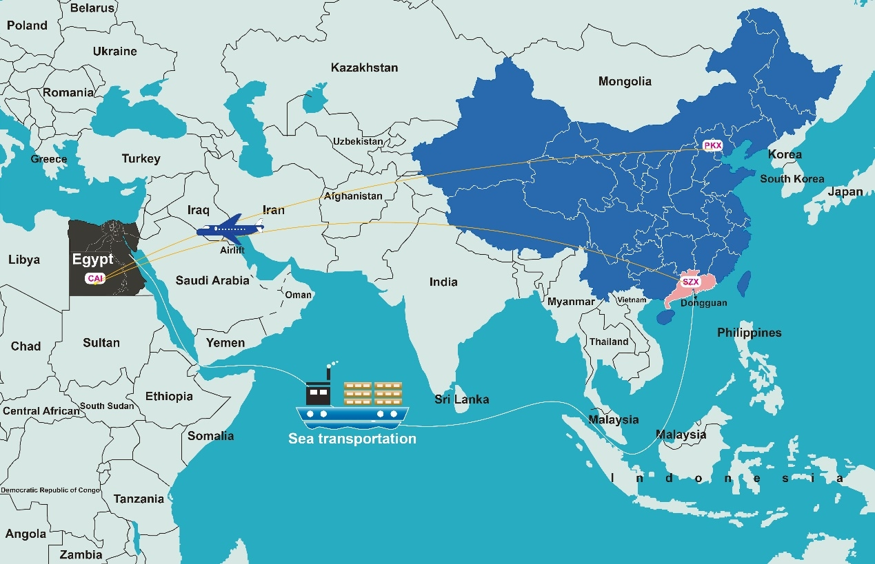 Shipping and air freight routes from China to Egypt