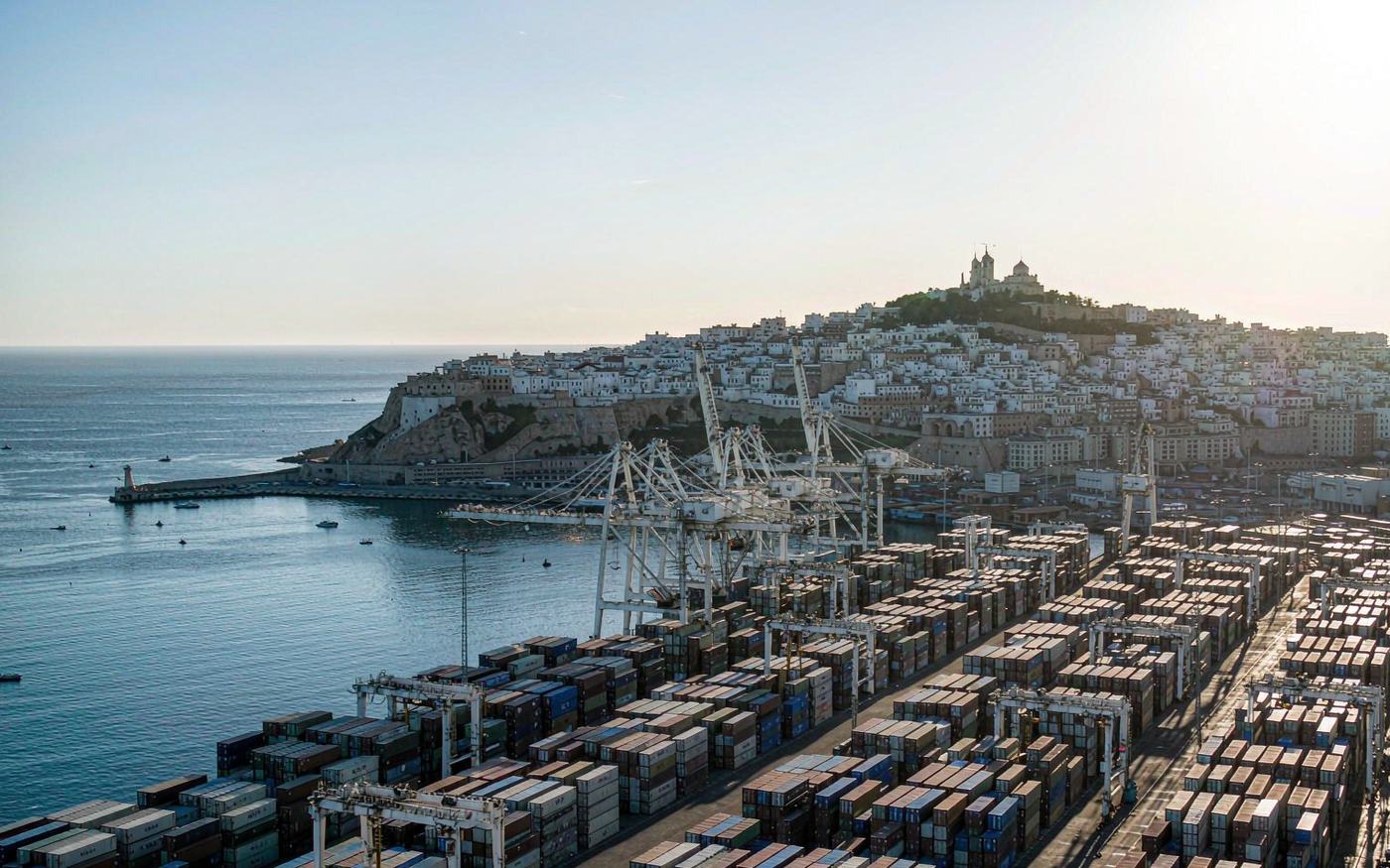 Mediterranean container port with gantry cranes and stacked containers, a white hillside city behind