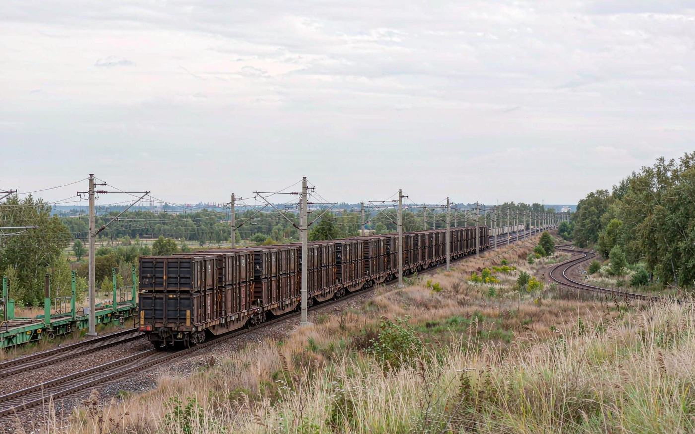 Long intermodal container freight train on a rail corridor through wooded Eastern European countryside