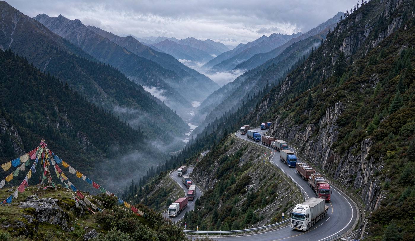 A mountain highway in the eastern Himalayas with heavy cargo trucks on a winding road cut into a steep forested valley, prayer flags on a ridge, layered blue-grey mountains and morning mist below under soft overcast light