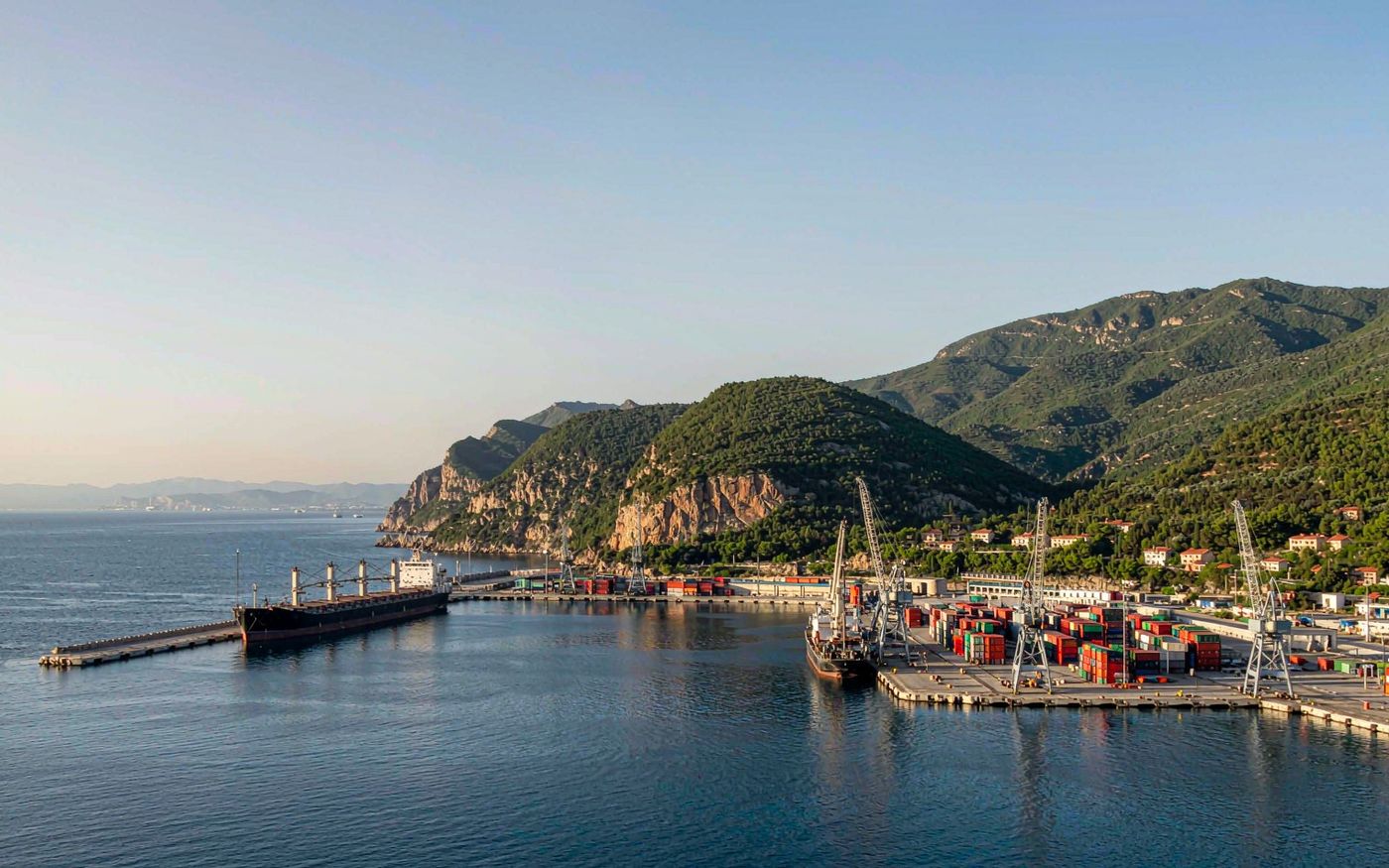 Port of Ploce on the Adriatic coast with cargo vessels, gantry cranes and steep mountains behind the harbour