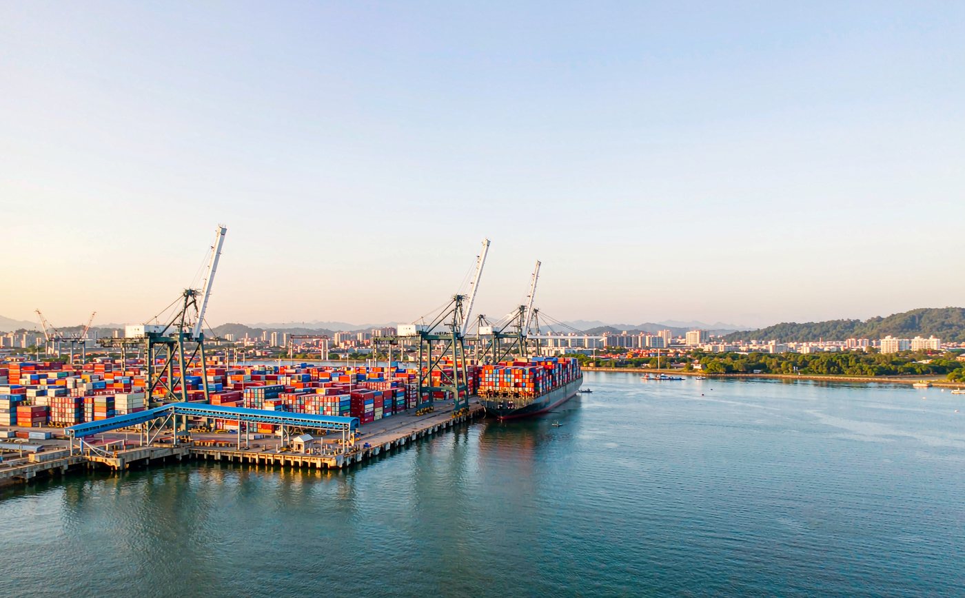 A large South American container port in clear daylight with a container vessel at a long quay, portainer cranes, dense rows of stacked shipping containers and a port city skyline with green hills