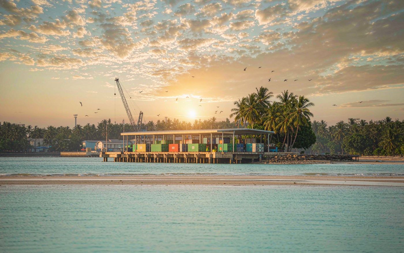 Photograph of a small modern container terminal on a tropical Southeast Asian coast at golden hour with gantry cranes, stacked containers in green blue and red, calm water and palm trees
