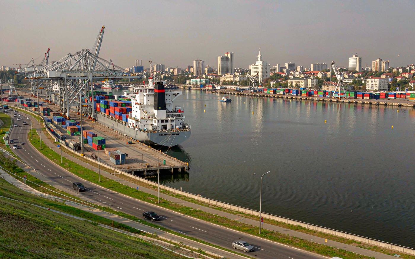 Port of Varna on the Black Sea coast of Bulgaria with container vessels and gantry cranes