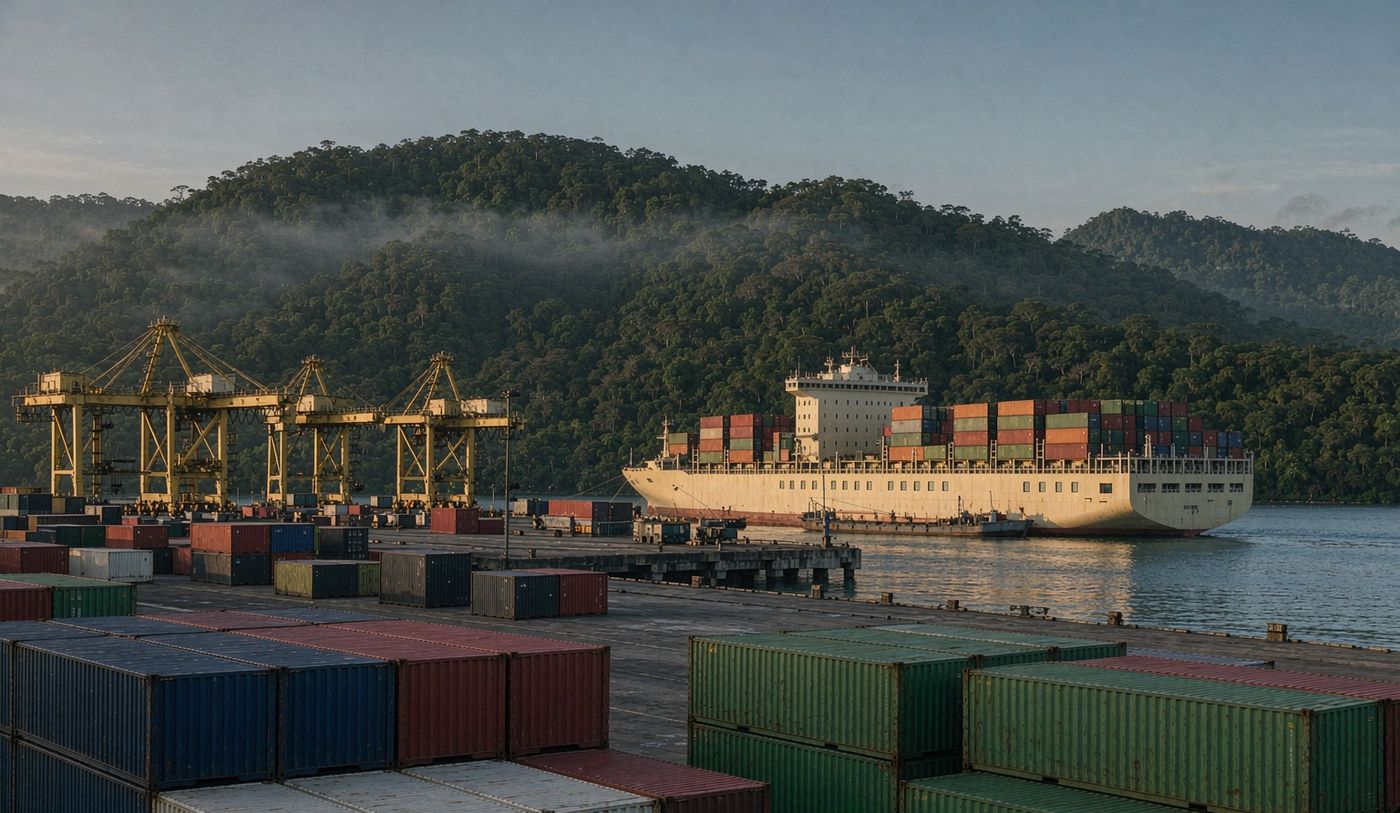 A modern container terminal on the Caribbean coast of Costa Rica with stacked shipping containers, gantry cranes, a container vessel at berth and dense tropical rainforest hills behind the port