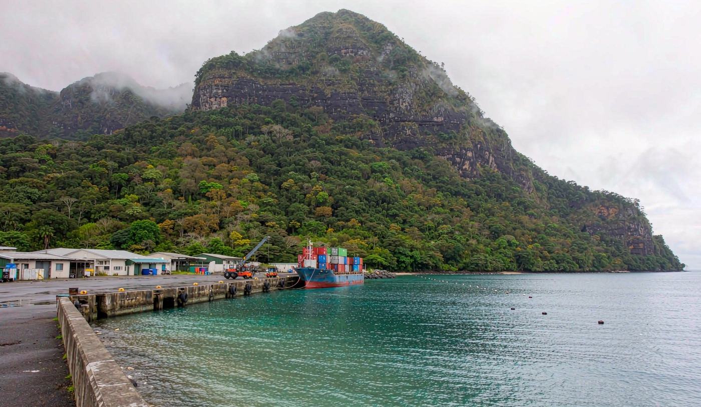 A small cargo port on a volcanic Caribbean island with a modest container berth, a small feeder vessel, a few stacked shipping containers and steep rainforest mountains rising behind the harbour