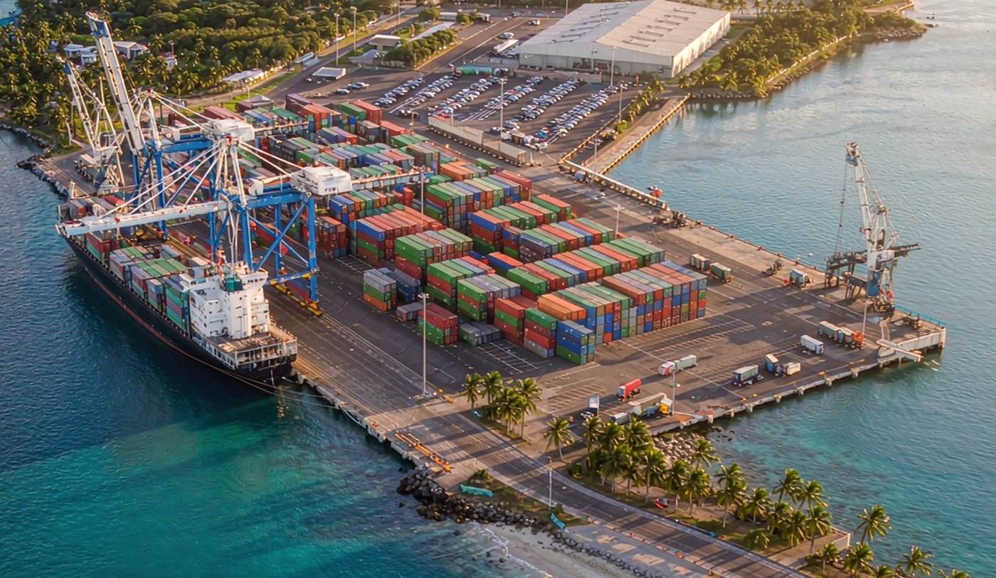 A modern deep-water container terminal on a Caribbean coastline at golden hour, with gantry cranes loading a container vessel, rows of stacked containers, calm turquoise water in the foreground, and palm trees on green hills in the distance