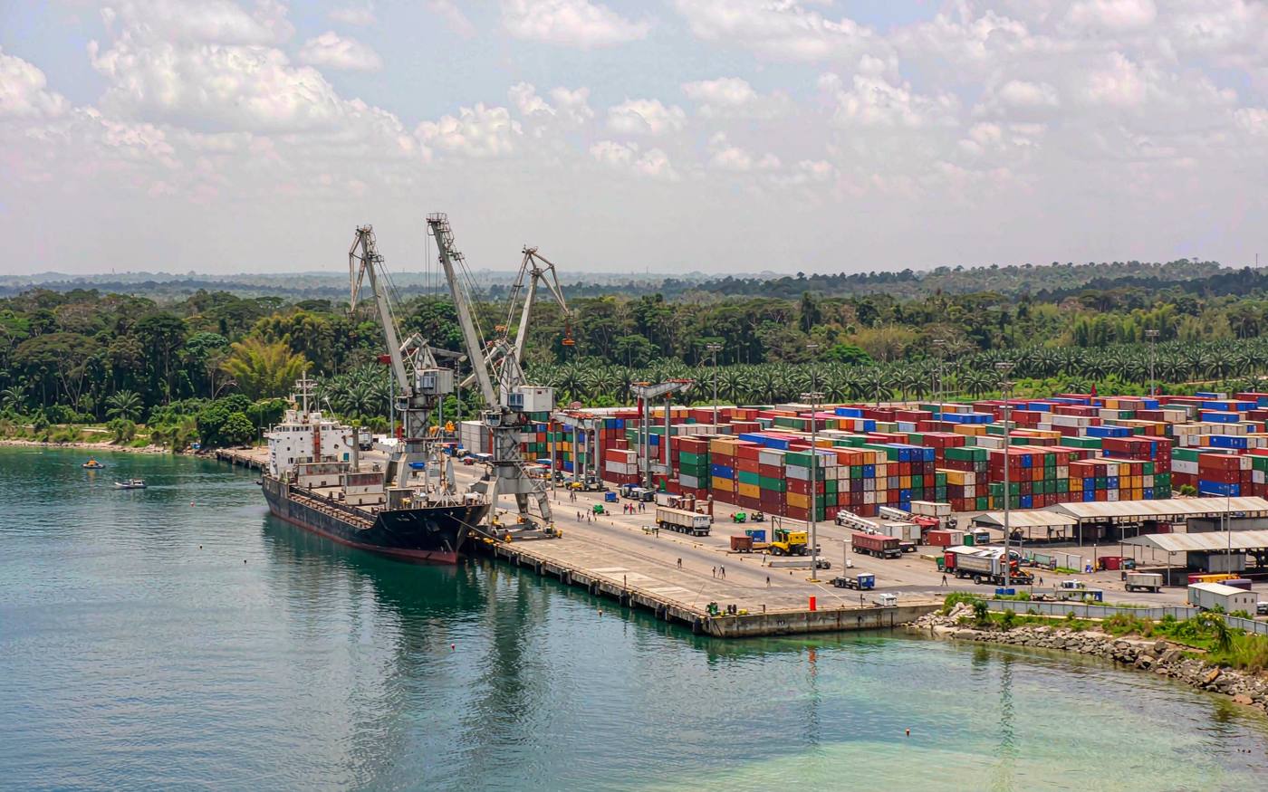 West African container terminal with ship-to-shore gantry cranes and stacked shipping containers, a cargo vessel alongside the quay, dense equatorial rainforest and oil palms behind, calm blue-green water of the Gulf of Guinea in front