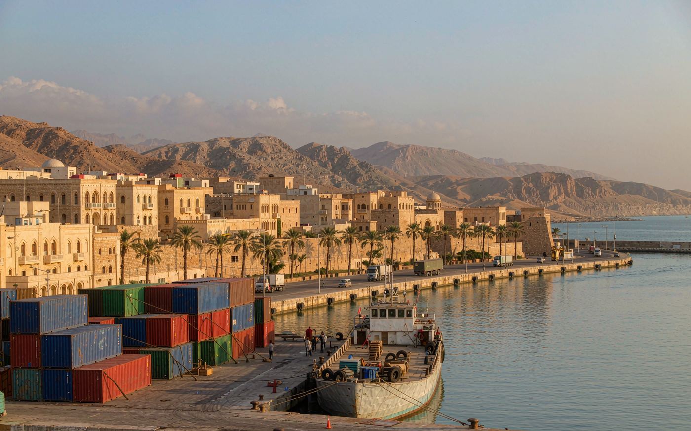 Port of Massawa in Eritrea on the Red Sea with containers, a cargo vessel and coral stone waterfront buildings