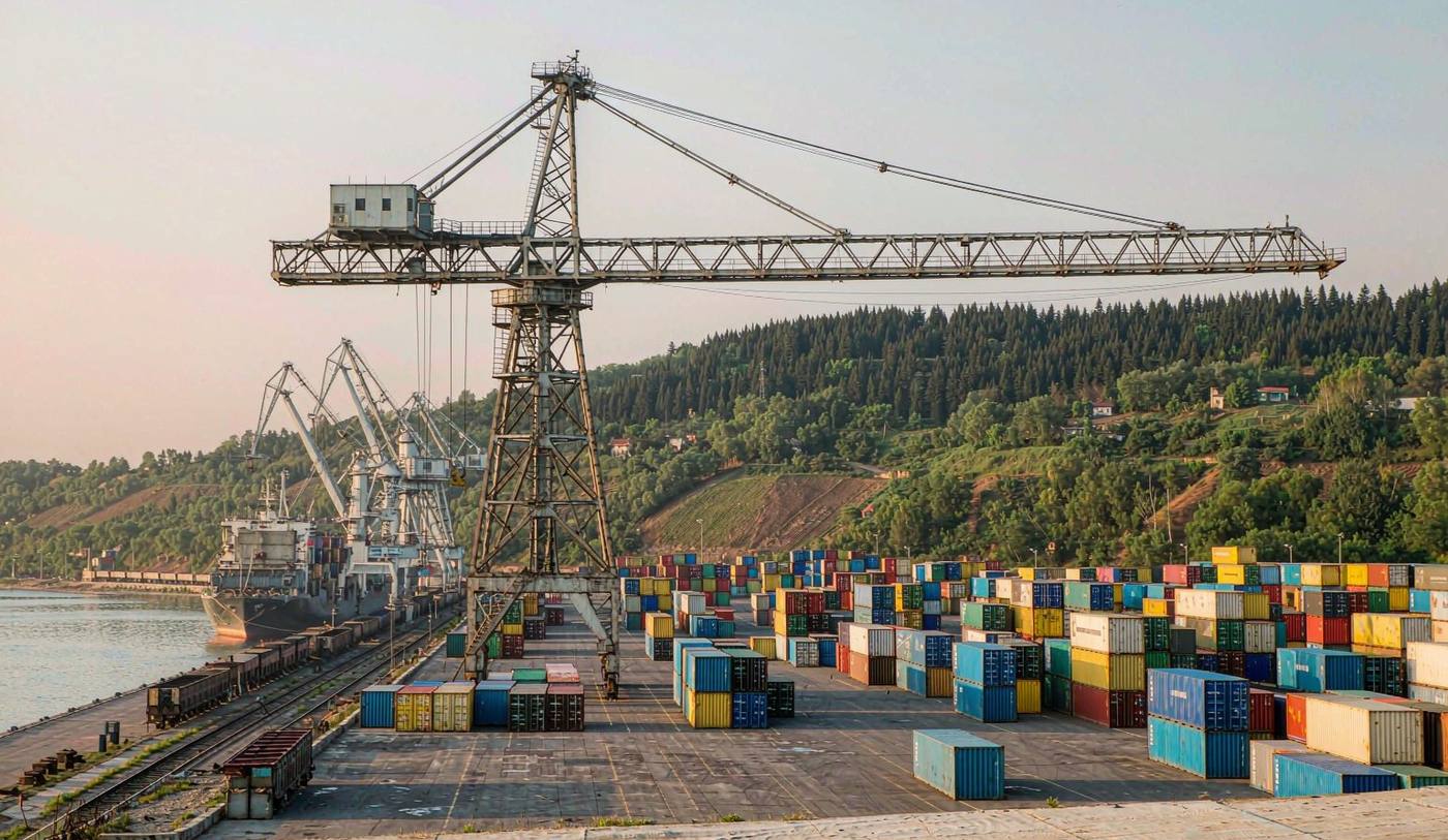 Wide view of a Black Sea container terminal at Poti with ship-to-shore gantry cranes over rows of stacked containers, a feeder vessel alongside the quay, rail wagons on an intermodal siding, and the Caucasus foothills hazy in the distance under afternoon light