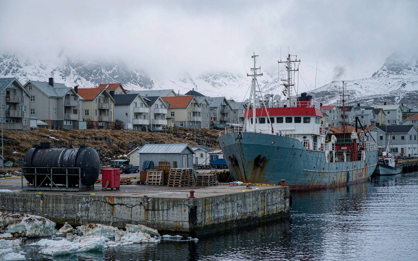 A cargo ship at a quay in an Arctic harbour town with colourful houses and snow-dusted mountains