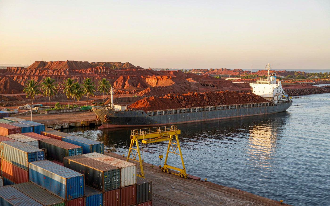 Container quay at the port of Conakry in Guinea with a bauxite bulk carrier and laterite hills behind