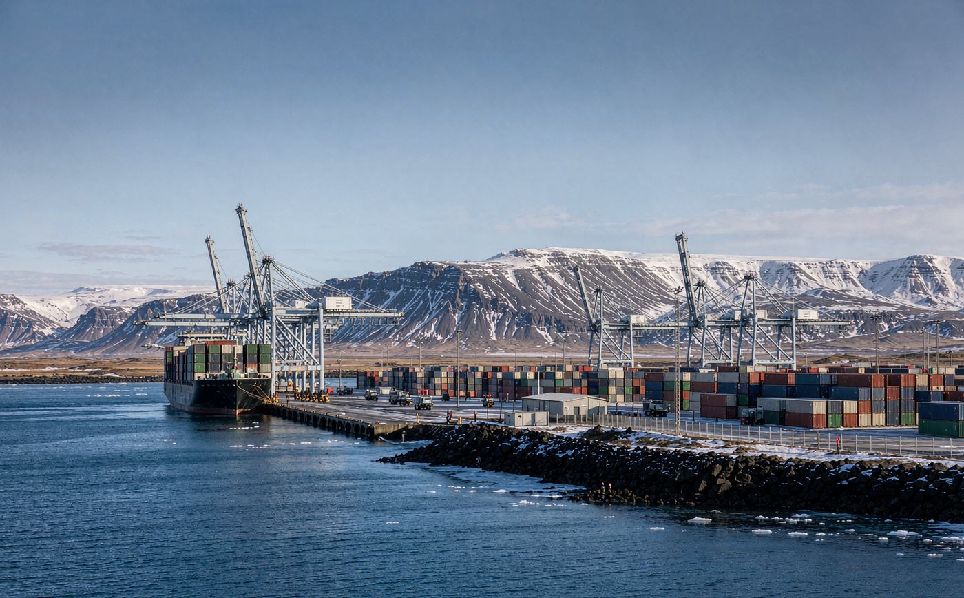 Small Nordic container port with quay cranes, stacked shipping containers in the yard, an ice-strengthened feeder vessel at berth, a dark volcanic coastline and snow-streaked mountains behind under cold northern light