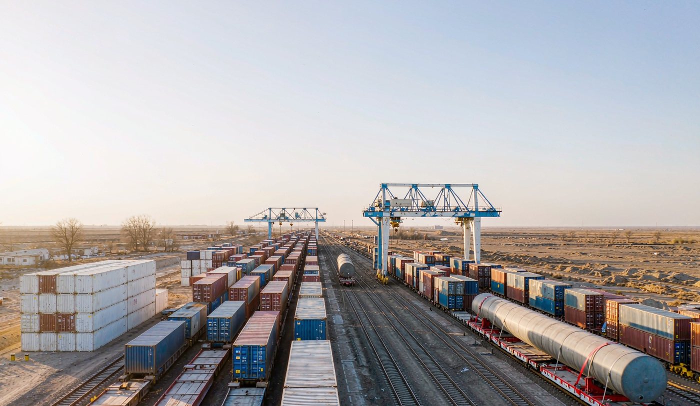 High wide view of a dry port rail terminal on the Central Asian steppe with gantry cranes lifting containers between freight wagons and stacked rows, parallel standard and broad gauge tracks, and distant snow-capped mountains under a clear sky