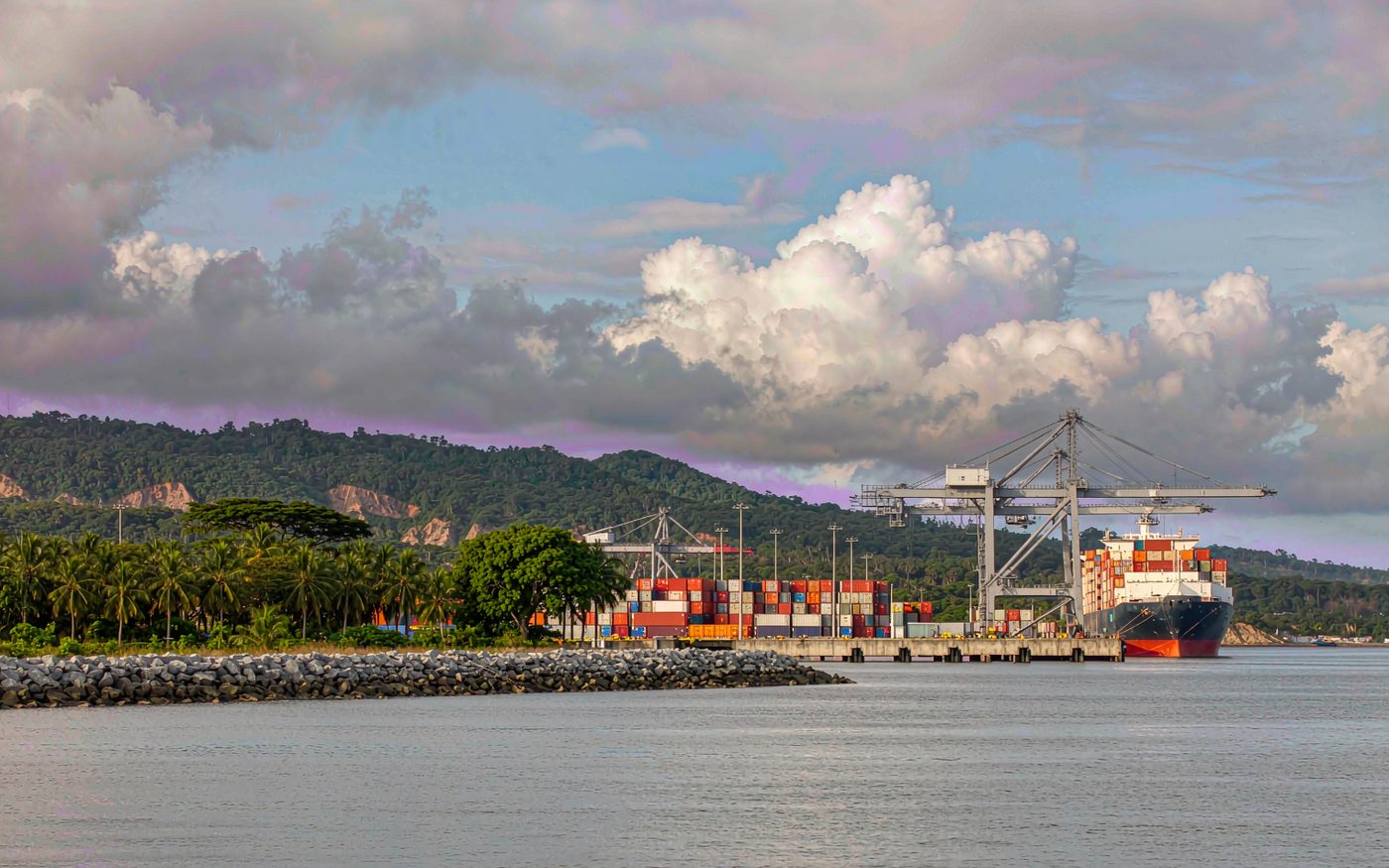 Container port of Toamasina in Madagascar with gantry cranes, palm trees and tropical hills behind