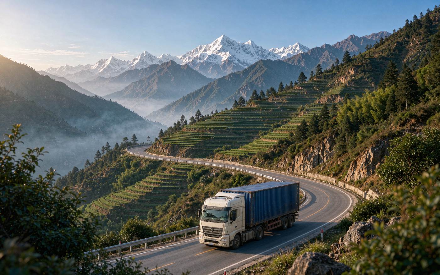 Photograph of a cargo truck carrying a shipping container on a winding mountain highway in the Himalayan foothills with terraced green hillsides and distant snow peaks under clear morning light