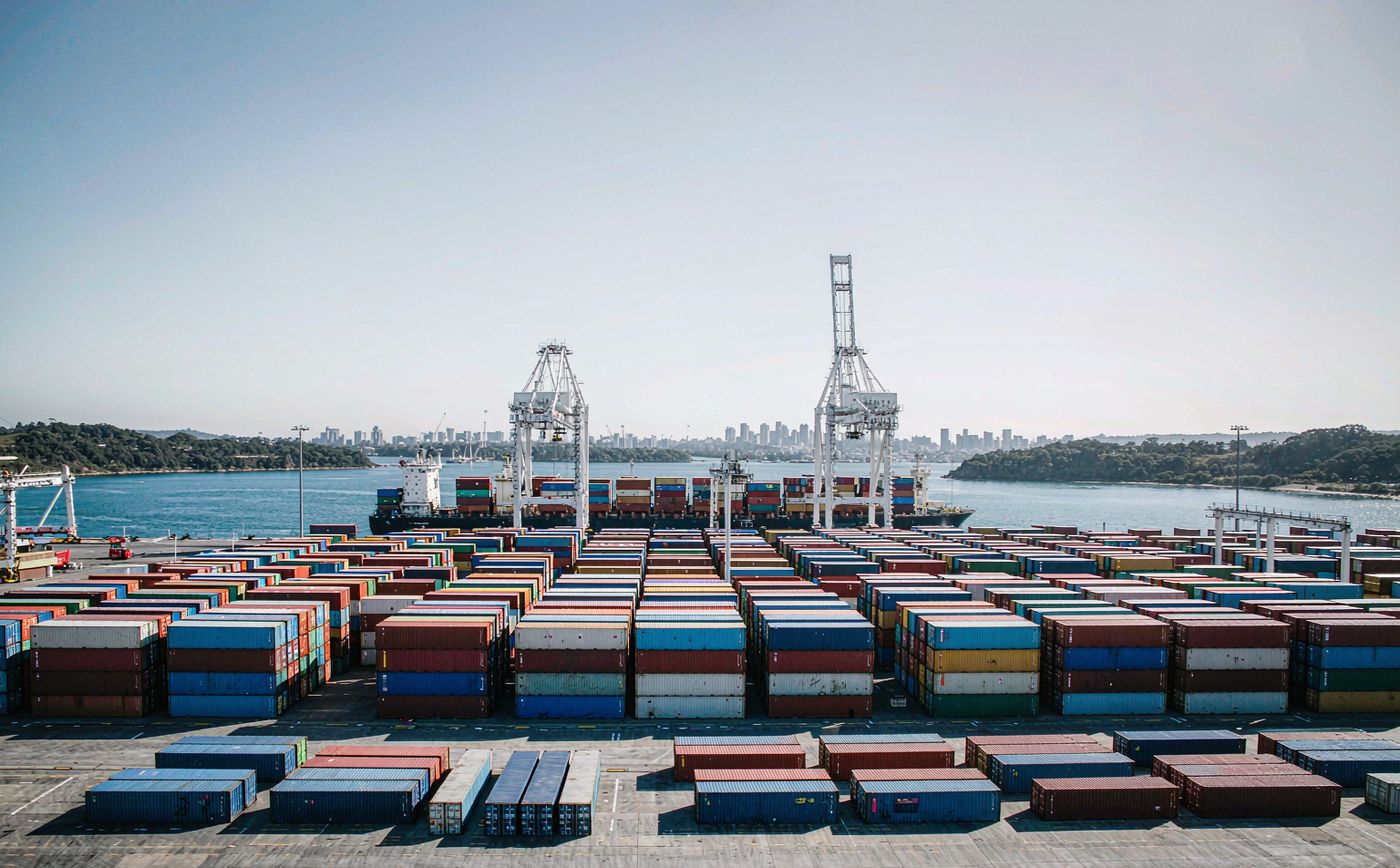 A container terminal in New Zealand in clear daylight, stacked shipping containers, tall gantry cranes, a container vessel at the quay, blue harbour water and low green hills behind the port