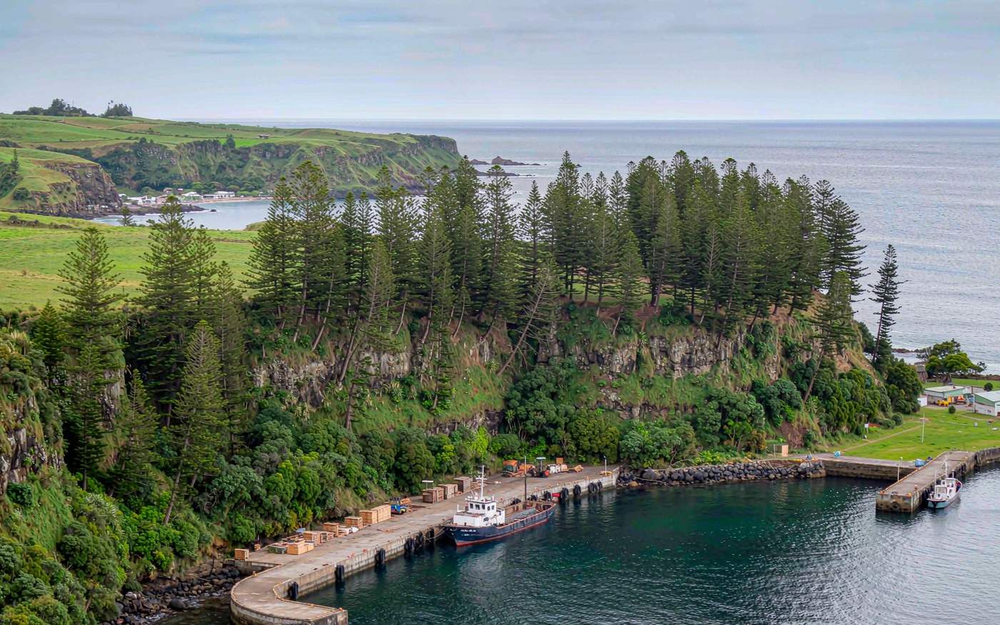 Subtropical island with steep green cliffs and Norfolk pine trees, a small harbour with crates on the quay and a cargo vessel alongside