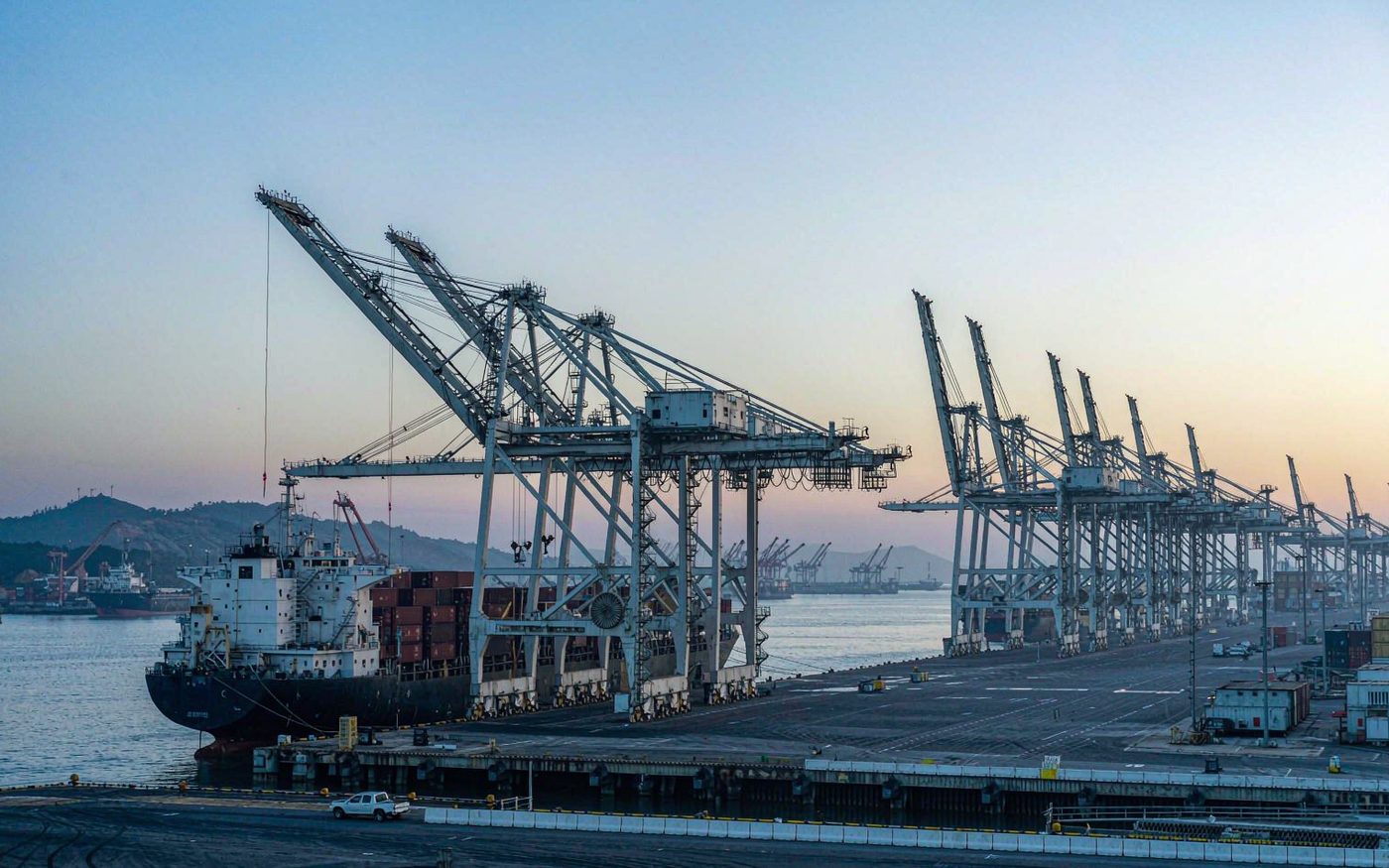 Container gantry cranes at a large Pacific port terminal serving Far East Russia