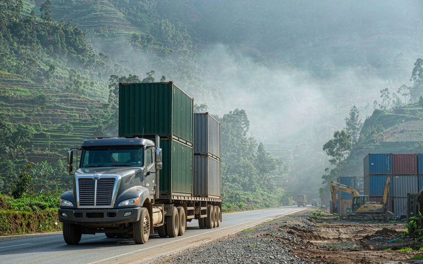 Container truck on a mountain highway in Rwanda with terraced green hills behind