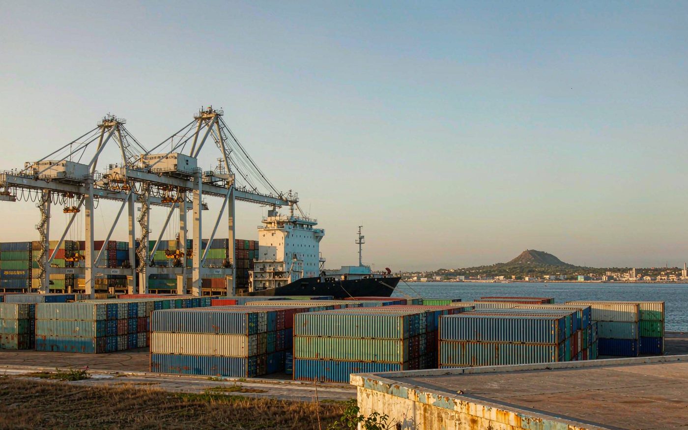Container terminal at the Port Autonome de Dakar in Senegal with gantry cranes and stacked shipping containers