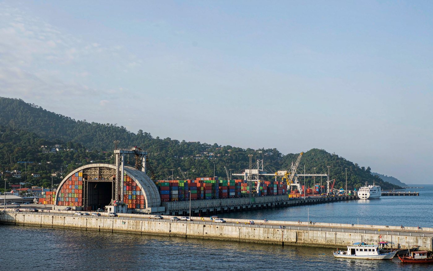 Queen Elizabeth II Quay container port in Freetown, Sierra Leone, with cargo vessels at berth