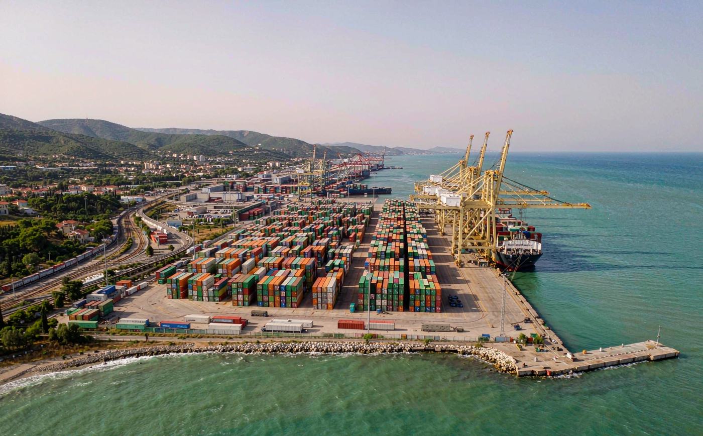 Aerial view of a northern Adriatic container port in clear daylight, a long quay with ship-to-shore gantry cranes, dense rows of shipping containers, a container vessel berthed and rail tracks running behind the terminal toward green hills