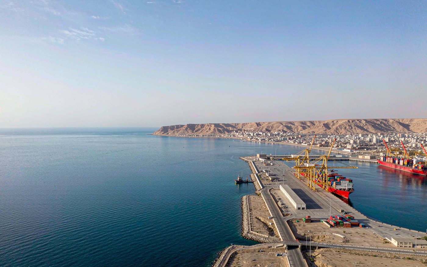 Aerial view of Berbera port on the Gulf of Aden with container vessels and gantry cranes