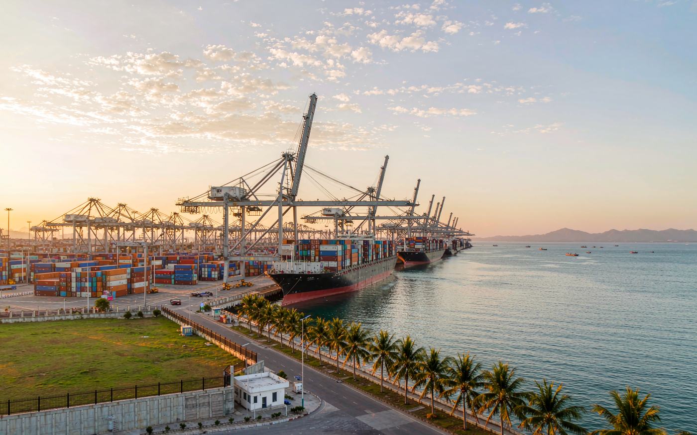 Photograph of a large Indian Ocean container port at sunrise with container ships at berth, dense stacked containers, ship-to-shore gantry cranes, calm sea and palm trees at the edge of the frame