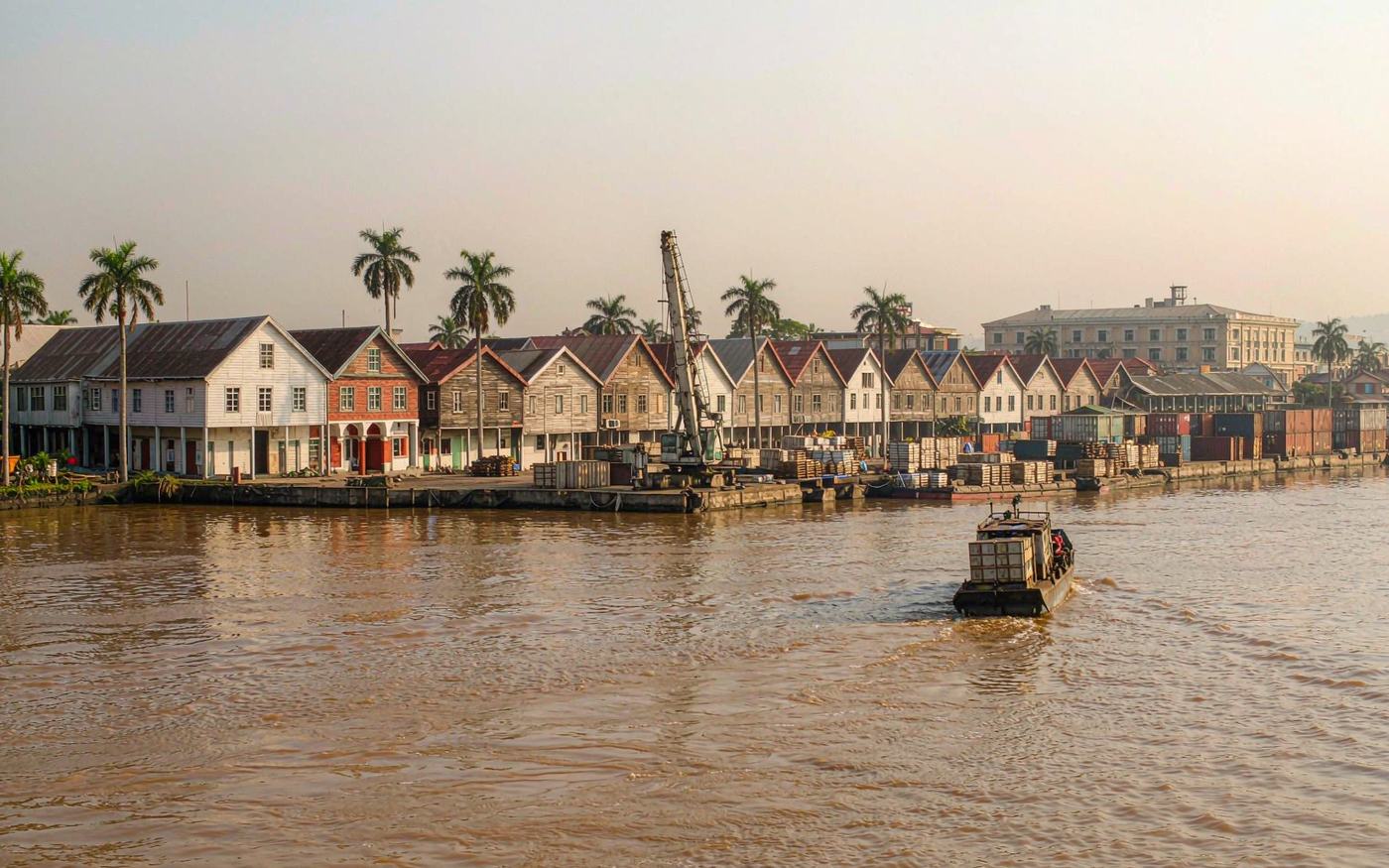 River port quay with a small container vessel, a mobile harbour crane, stacked containers and palletised cargo, Dutch colonial timber buildings and palms behind
