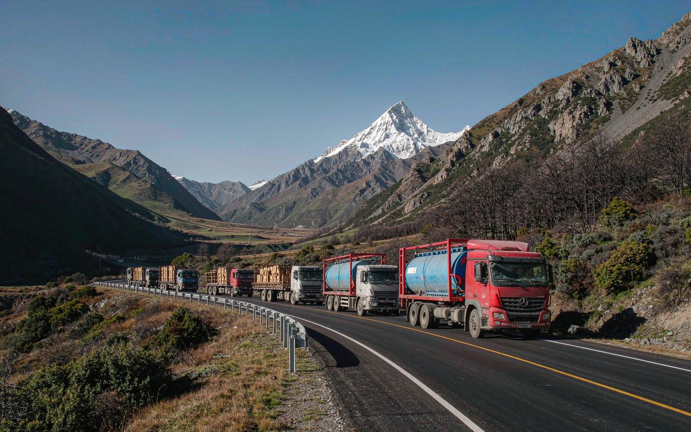 Photograph of a heavy truck convoy carrying containers and crates on a mountain road in Central Asia with snow-capped peaks and a clear sky