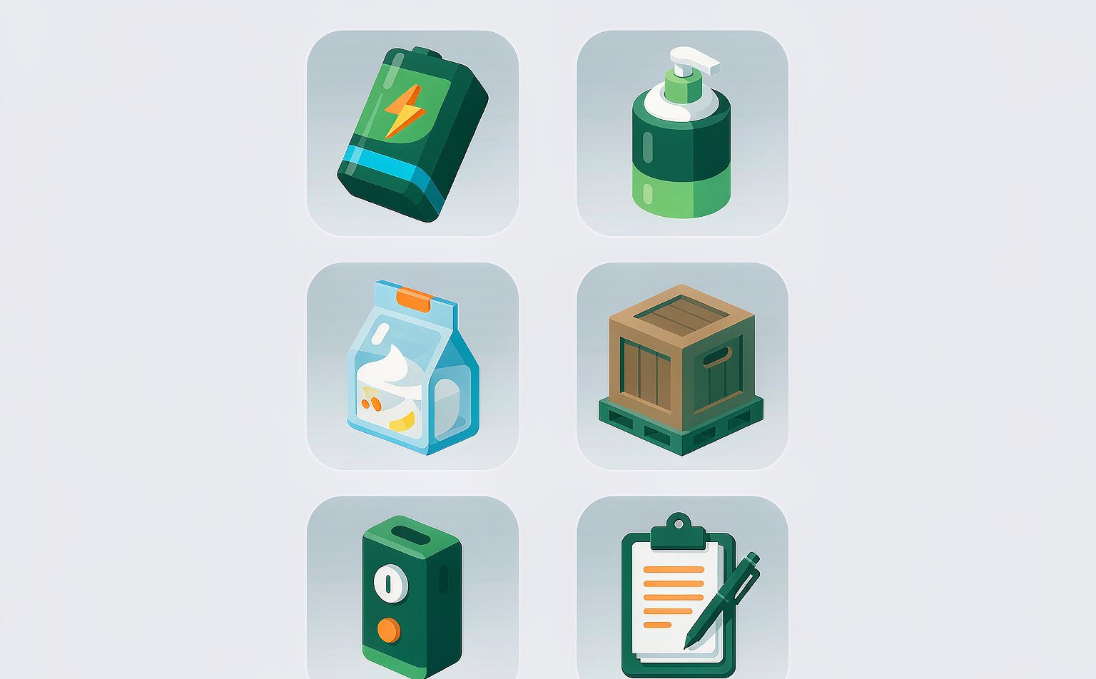 Flat illustration of cargo categories and shipping documents: battery, liquids, food, wooden crate, electronics and paperwork
