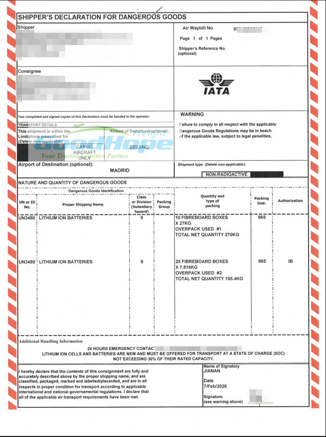 Multi-part IATA Shipper's Declaration for Dangerous Goods form filled in for a consignment, with the red hatched border down the left edge