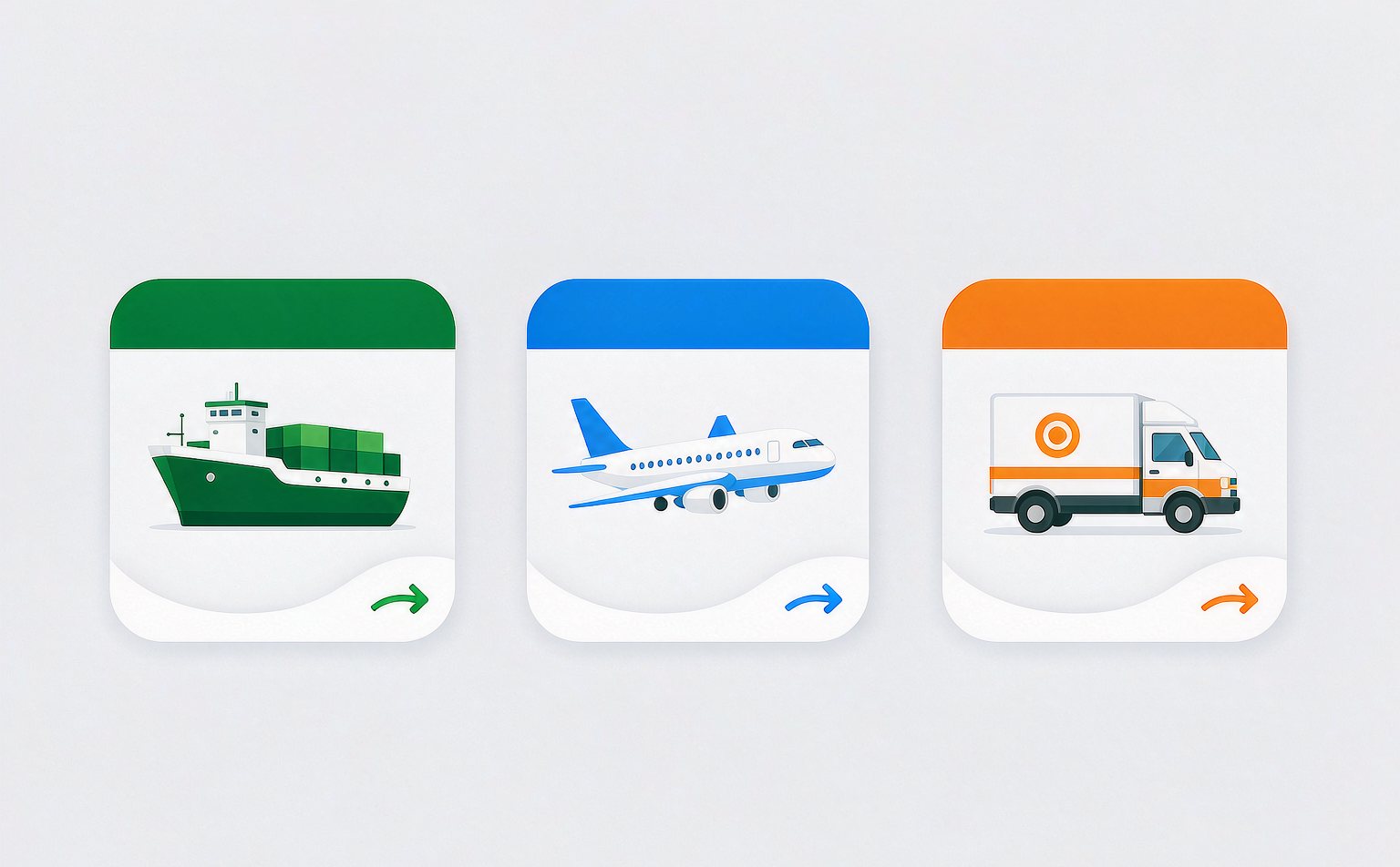 Flat illustration comparing the three shipping modes from China to the USA: container ship, cargo aircraft and express courier van