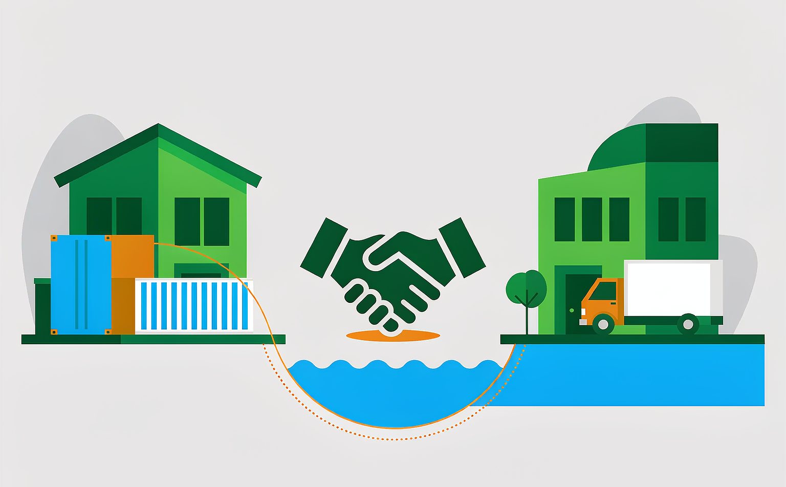 Flat illustration of a Chinese freight forwarder and a United States customs broker working together on one shipment