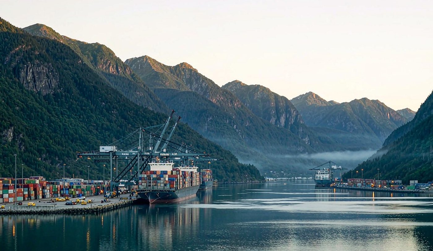 A Caribbean container port backed by steep forested green mountains in soft early-morning light, with a container vessel at berth under gantry cranes, stacks of containers in the yard and calm harbour water in the foreground
