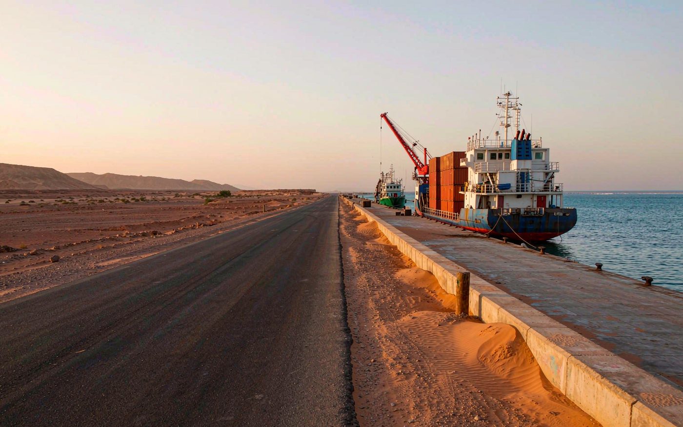 A small cargo vessel at a desert coast quay with an empty road running south into arid rocky desert