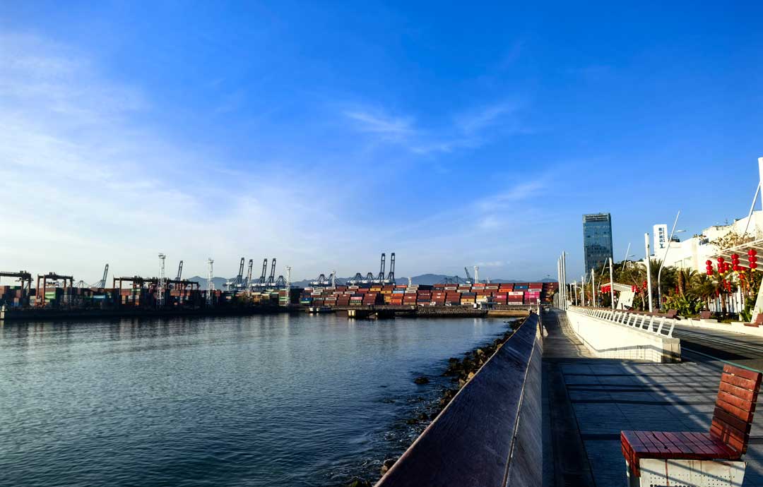 gantry cranes and stacked containers at a container terminal across the bay